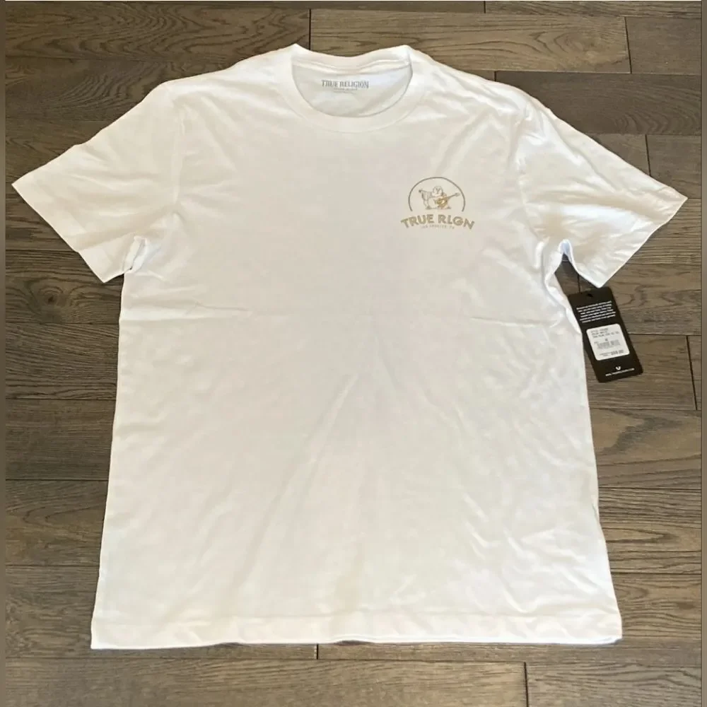 True Religion White with Gold 2-sided Logo SS Men Small T-Shirt NWT in packaging